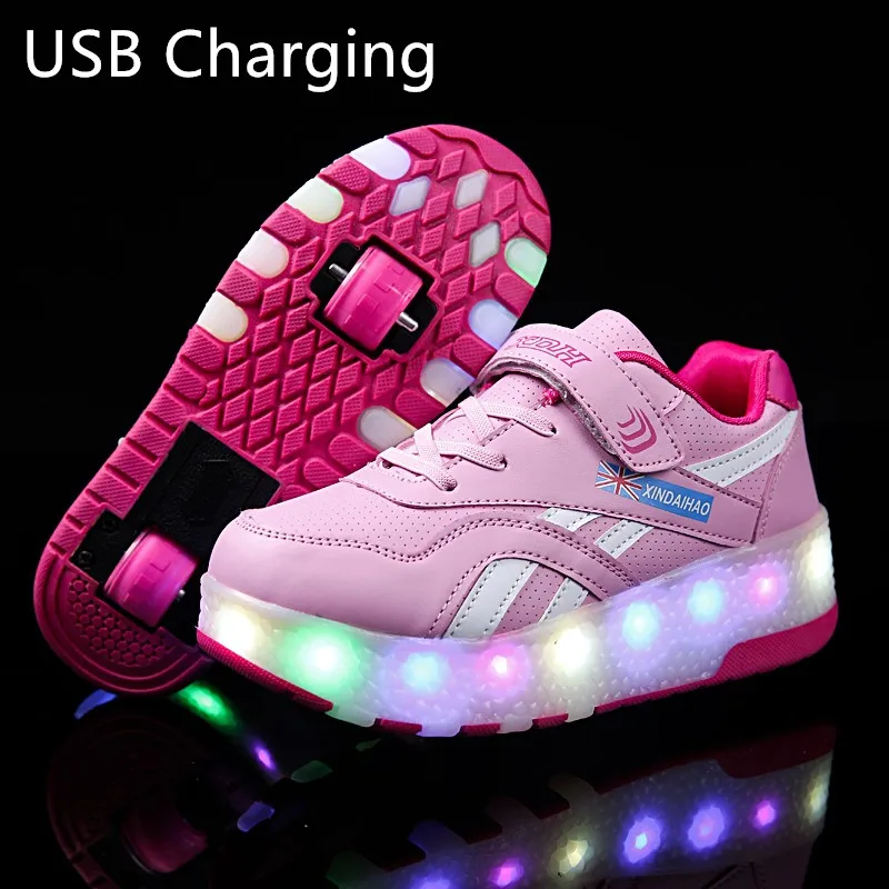Две Колела Светещи Маратонки USB Зареждане Led Лампа Обувки за Ролери, за Деца Детски Обувки Обувки За Момчета И Момичета Светещ обувки