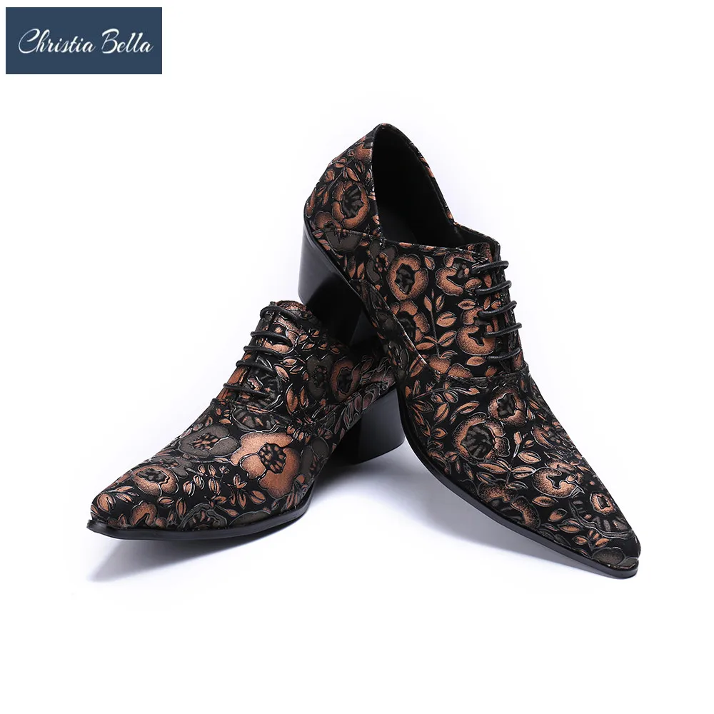Christia Bella/Мъжки обувки са ръчна изработка от Естествена Кожа с Цветен Модел; мъжки вечерни модела обувки дантела с остри пръсти; мъжки обувки-Oxfords на Висок Ток