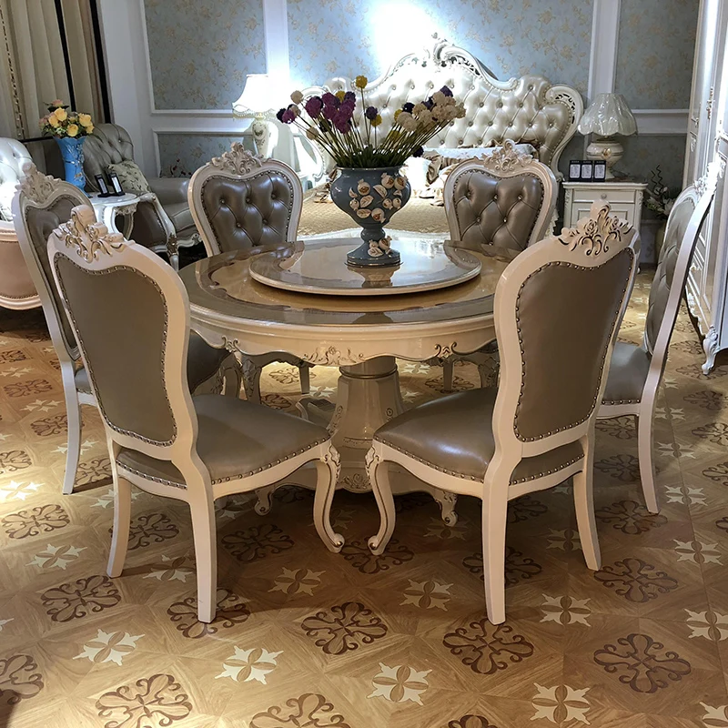 Кожена маса за хранене и стол в европейски стил, луксозен комплект от масивна дървесина, издълбани потребителска маса за хранене