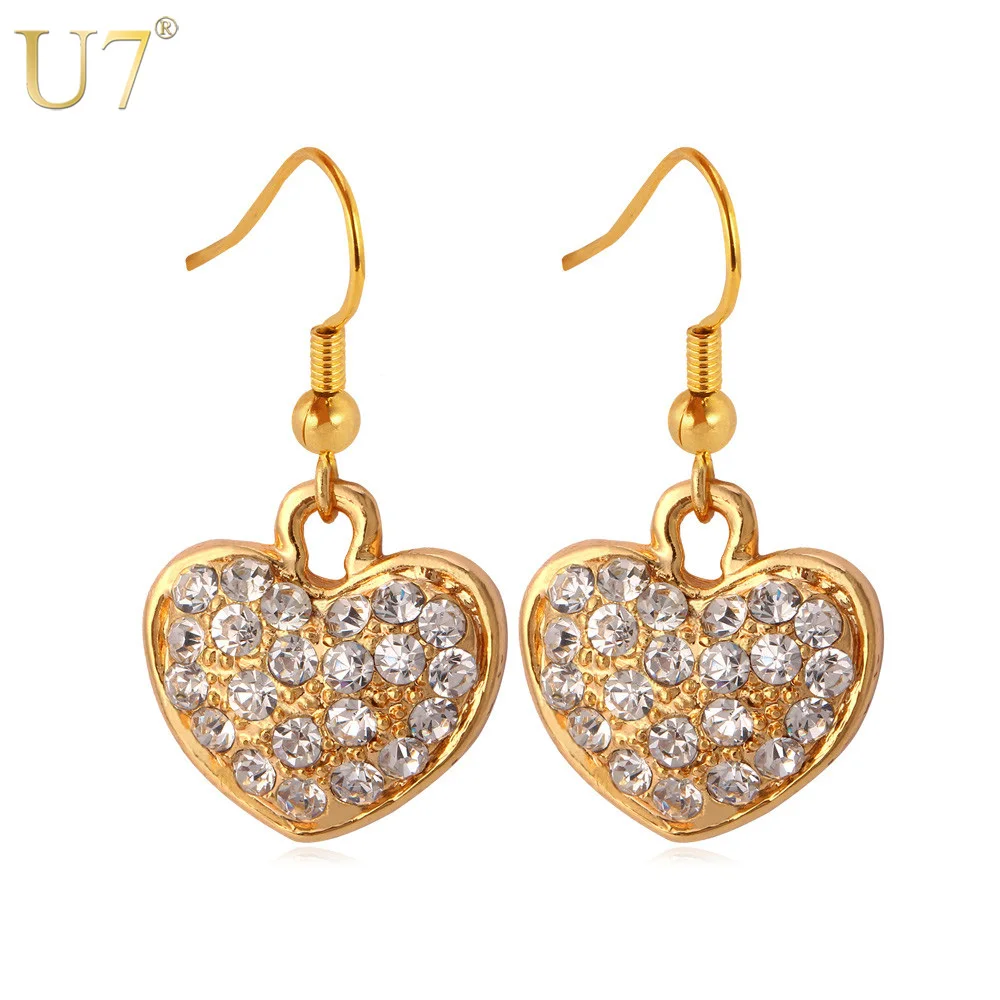 U7 Обеци във Формата на Сърце Златен/Сребърен Цвят С Кристали Модни Бижута на Едро Женски Подарък за Романтични Обеци E481