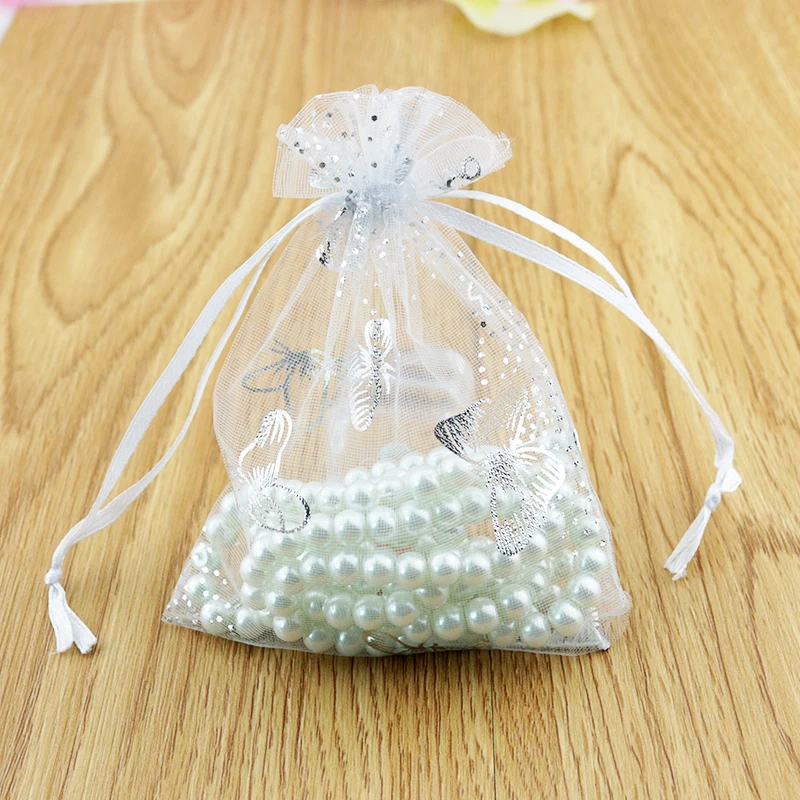 Продажба на едро 500шт 9x12 см Рисованные Бели Малки Торбички От Органза Сватбена Услуга Коледен Подарък Чанта Бонбони, Бижута, Опаковки, Чанти и Чанта