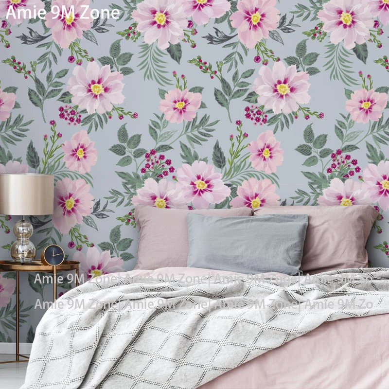 светло сив син фон розови и лилави цветя модел цветя спалня хол отстъпка от размера на стената на клиента тапети