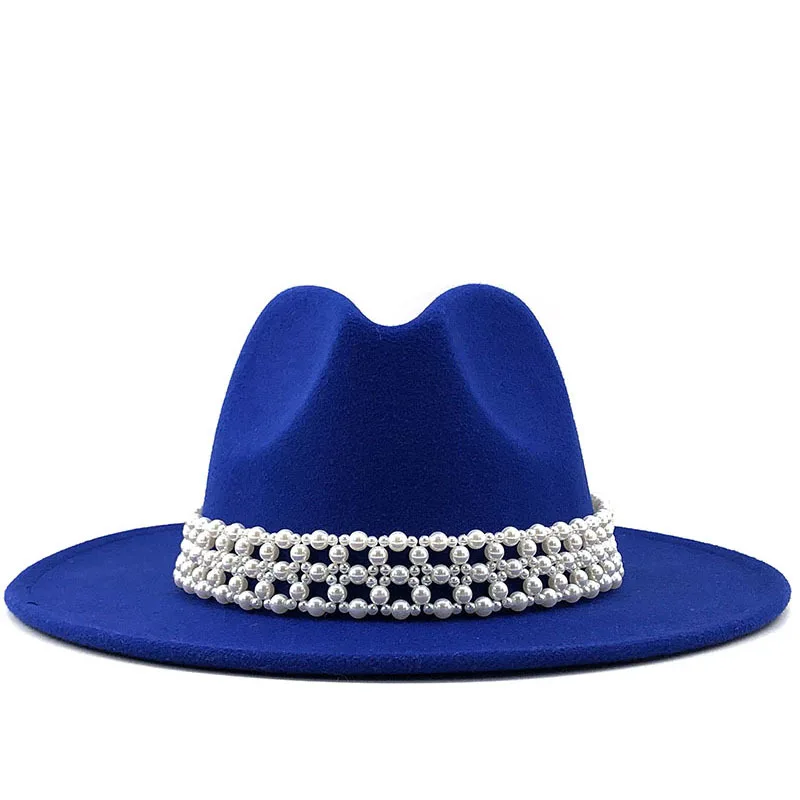 Луксозна вълнена шапка с прав ръб и перли, дамски класически фетровая шапка, есенно-зимна шапка с плоска периферия и голяма периферия, универсална джаз шапка
