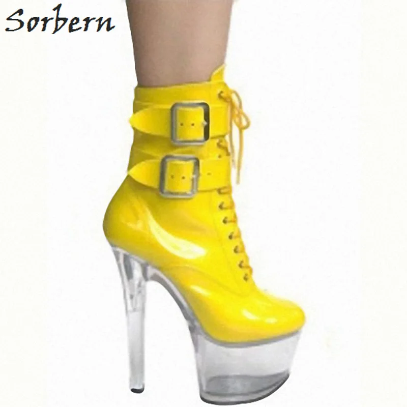 Sorbern/Женски Ботильоны на високи токчета с шипове 15 см, обувки на платформа, по-Големи Размери, Черни Обувки с Ярки цветове, Прозрачен от плексиглас, на ток