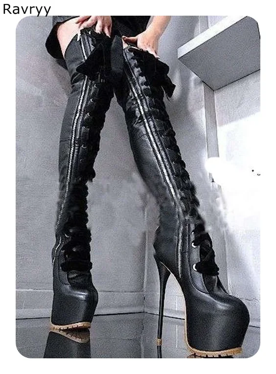 Черни кожени дамски дълги ботуши с появата на шнур, женски ботильоны над коляното на платформата и обувки, дамски обувки, модни модел, вечер, клуб, шоу