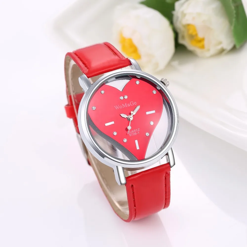 WoMaGe Модерен Ръчен часовник с кристали, Часовник във формата на Сърце, Дамски Часовници, Кожени Дамски Часовници, Часовници на rosi кол saati reloj mujer